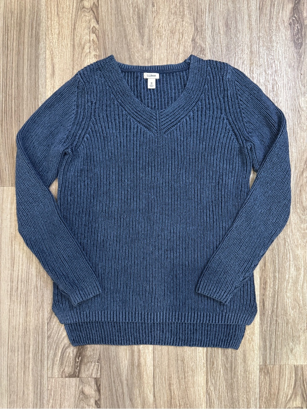 L.L.Bean Women’s Medium 100% Cotton Blue Ribbed V Neck Pullover Sweater